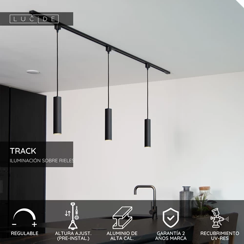 Lucide TRACK FLORIS Lámpara colgante - Sistema de carril monofásico / Iluminación con rieles - 1xGU10 - Negro (Extensión) - USP